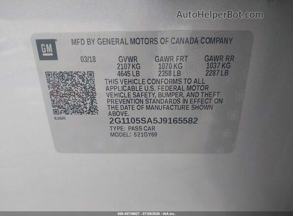 2G1105SA5J9165582 2018 CHEVROLET IMPALA Серебряный Вид подкапотного пространства