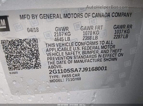 2G1105SA7J9168001 2018 CHEVROLET IMPALA Silver Vista del compartimento del motor