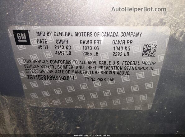 2G1105SA8H9192611 2017 CHEVROLET IMPALA Gray Вид підкапотного простору