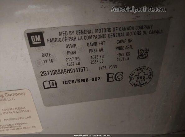 2G1105SA9H9141571 2017 CHEVROLET IMPALA Серебряный Вид подкапотного пространства