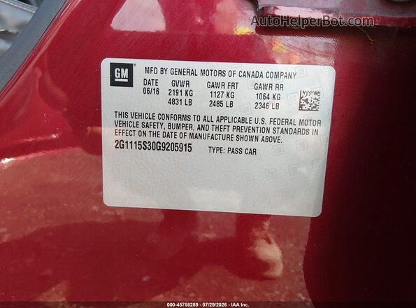 2G1115S30G9205915 2016 CHEVROLET IMPALA Maroon Շարժիչի բաժամունքի տեսք