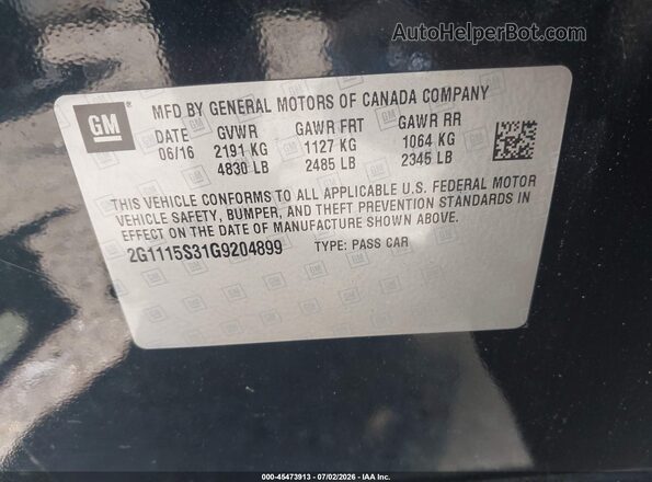 2G1115S31G9204899 2016 CHEVROLET IMPALA Black Widok komory silnika