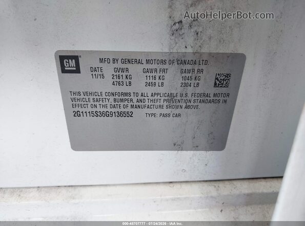 2G1115S36G9136552 2016 CHEVROLET IMPALA White Շարժիչի բաժամունքի տեսք