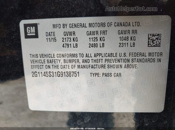 2G1145S31G9138751 2016 CHEVROLET IMPALA Black Вид підкапотного простору