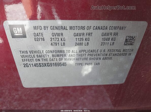 2G1145S3XG9169545 2016 CHEVROLET IMPALA Maroon Շարժիչի բաժամունքի տեսք