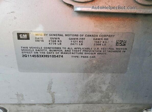 2G1145S3XH9105474 2017 CHEVROLET IMPALA Silver VIN կոդի պիտակի տեսք