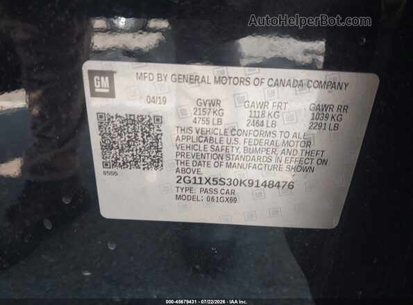 2G11X5S30K9148476 2019 CHEVROLET IMPALA Черный Вид подкапотного пространства