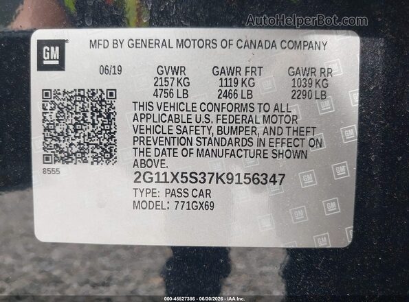 2G11X5S37K9156347 2019 CHEVROLET IMPALA Black ძრავის განყოფილების ხედი