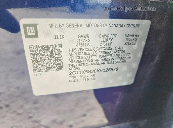 2G11X5S38K9126578 2019 CHEVROLET IMPALA Синий Вид наклейки с VIN-кодом