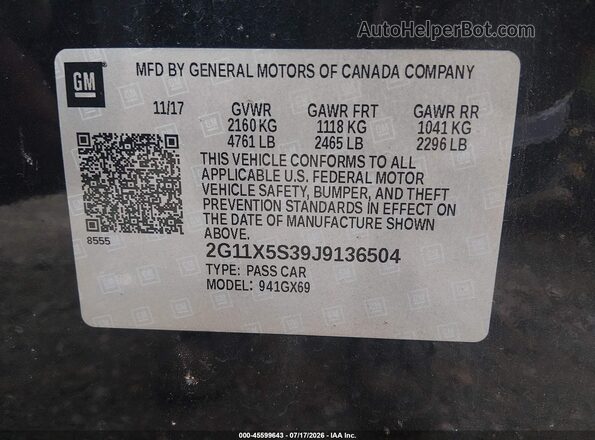 2G11X5S39J9136504 2018 CHEVROLET IMPALA Black ძრავის განყოფილების ხედი