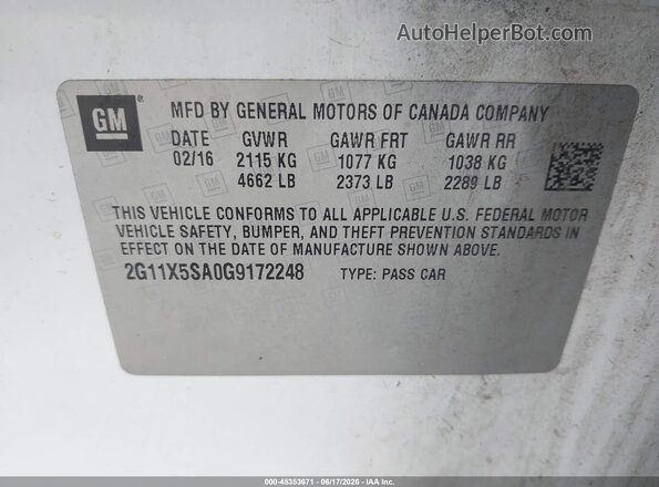 2G11X5SA0G9172248 2016 CHEVROLET IMPALA White Engine compartment view