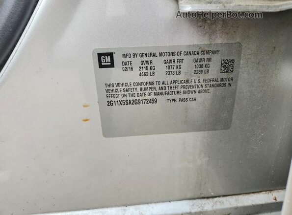 2G11X5SA2G9172459 2016 CHEVROLET IMPALA Silver Вид наклейки з VIN-кодом
