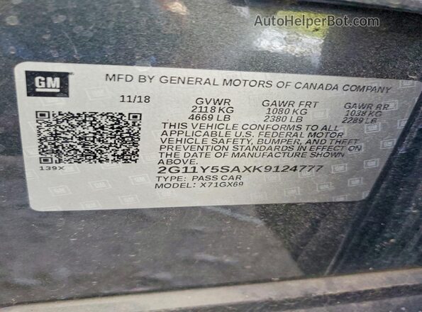 2G11Y5SAXK9124777 2019 CHEVROLET IMPALA Угольный Вид наклейки с VIN-кодом