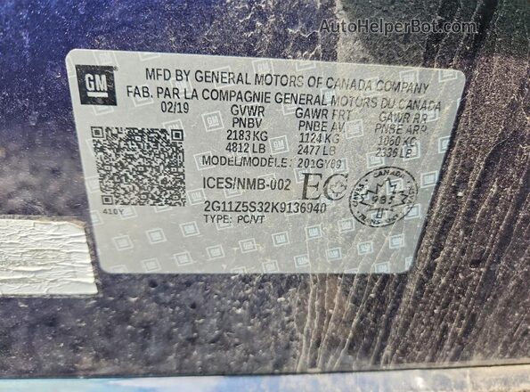 2G11Z5S32K9136940 2019 CHEVROLET IMPALA Blue Widok naklejki z numerem VIN