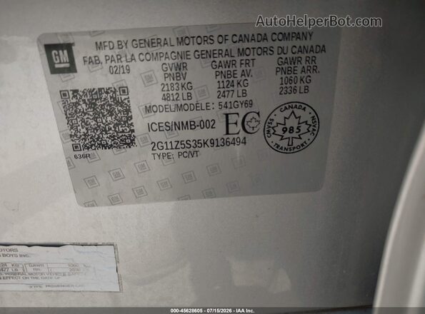 2G11Z5S35K9136494 2019 CHEVROLET IMPALA Silver Engine compartment view