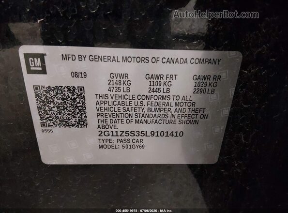 2G11Z5S35L9101410 2020 CHEVROLET IMPALA Black Widok komory silnika