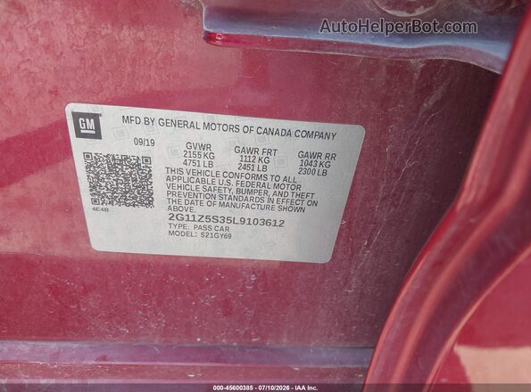2G11Z5S35L9103612 2020 CHEVROLET IMPALA Red ძრავის განყოფილების ხედი
