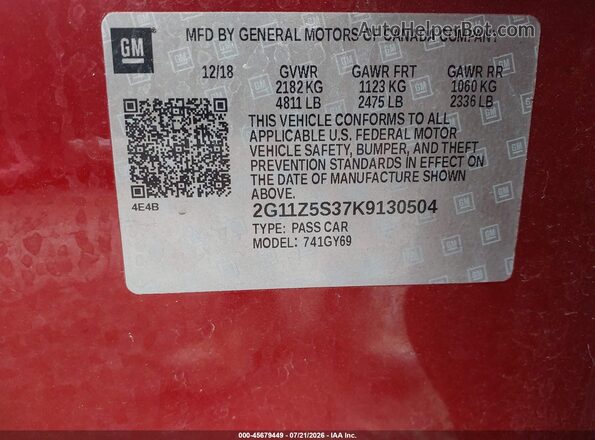 2G11Z5S37K9130504 2019 CHEVROLET IMPALA Red Engine compartment view