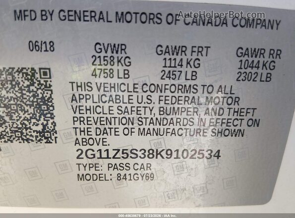 2G11Z5S38K9102534 2019 CHEVROLET IMPALA White Вид підкапотного простору
