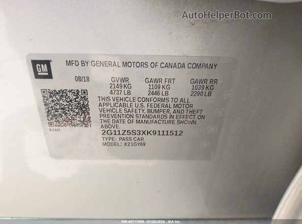 2G11Z5S3XK9111512 2019 CHEVROLET IMPALA Silver Widok komory silnika