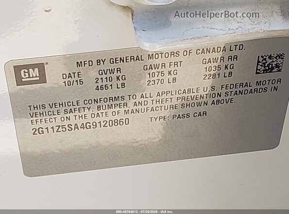 2G11Z5SA4G9120860 2016 CHEVROLET IMPALA White Widok komory silnika