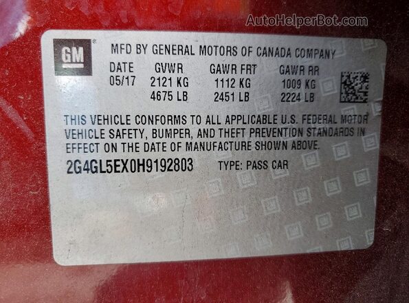 2G4GL5EX0H9192803 2017 BUICK REGAL Red Вид наклейки з VIN-кодом