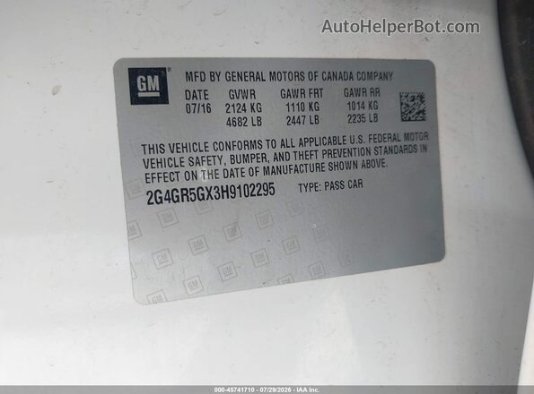 2G4GR5GX3H9102295 2017 BUICK REGAL White ძრავის განყოფილების ხედი