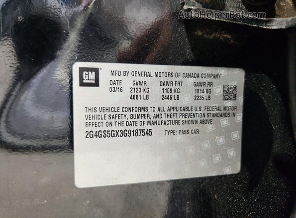 2G4GS5GX3G9187545 2016 BUICK REGAL Black VIN կոդի պիտակի տեսք