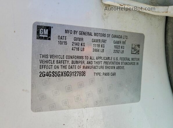 2G4GS5GX6G9127808 2016 BUICK REGAL White VIN կոդի պիտակի տեսք