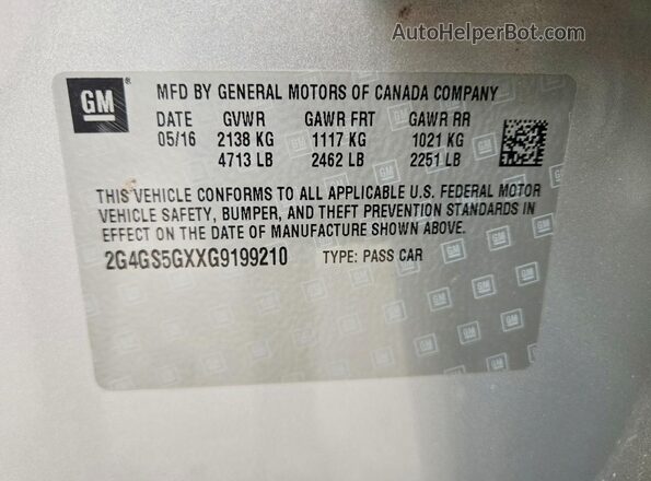 2G4GS5GXXG9199210 2016 BUICK REGAL Silver Vista de la etiqueta del VIN
