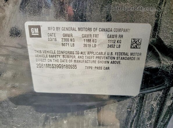 2G61M5S39G9180935 2016 CADILLAC XTS Черный Вид наклейки с VIN-кодом