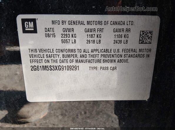 2G61M5S3XG9109291 2016 CADILLAC XTS Black Widok komory silnika
