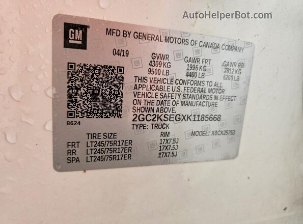 2GC2KSEGXK1185668 2019 CHEVROLET SILVERADO White Vista de la etiqueta del VIN