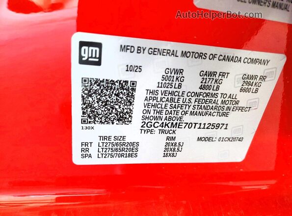 2GC4KME70T1125971 2026 CHEVROLET SILVERADO Red Widok naklejki z numerem VIN