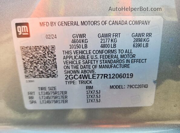 2GC4WLE77R1206019 2024 CHEVROLET SILVERADO Серебряный Вид наклейки с VIN-кодом