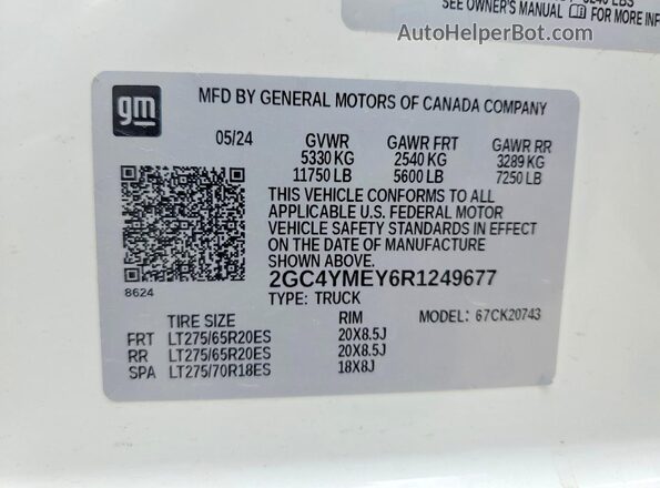 2GC4YMEY6R1249677 2024 CHEVROLET SILVERADO White Widok naklejki z numerem VIN