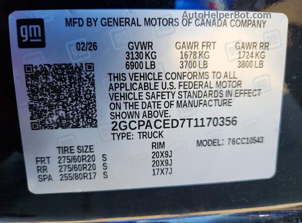 2GCPACED7T1170356 2026 CHEVROLET SILVERADO Черный Вид наклейки с VIN-кодом
