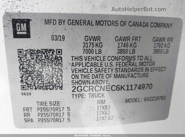 2GCRCNEC6K1174970 2019 CHEVROLET SILVERADO White Widok komory silnika