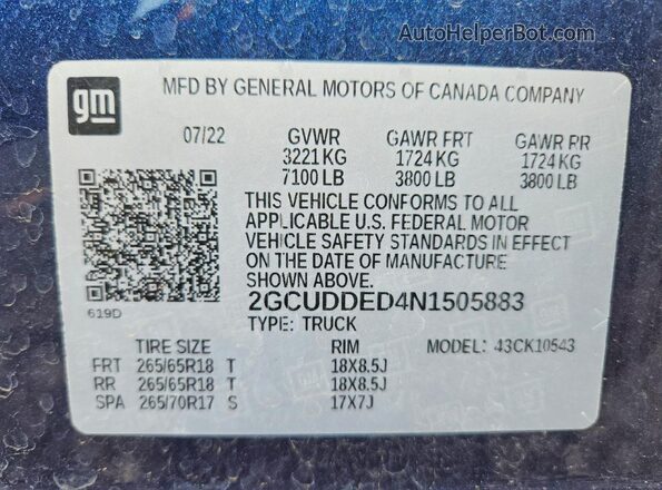 2GCUDDED4N1505883 2022 CHEVROLET SILVERADO Синий Вид подкапотного пространства