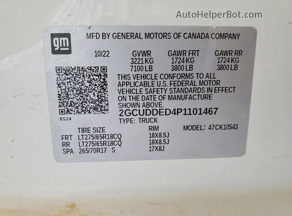 2GCUDDED4P1101467 2023 CHEVROLET SILVERADO White VIN კოდის სტიკერის ხედი