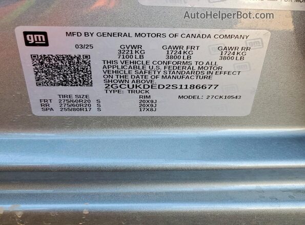 2GCUKDED2S1186677 2025 CHEVROLET SILVERADO Gray VIN კოდის სტიკერის ხედი