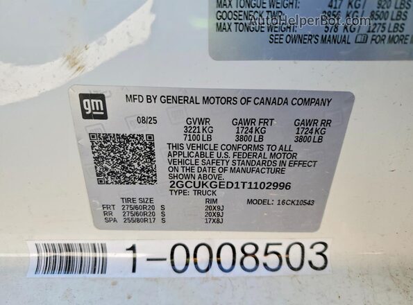 2GCUKGED1T1102996 2026 CHEVROLET SILVERADO Белый Вид наклейки с VIN-кодом