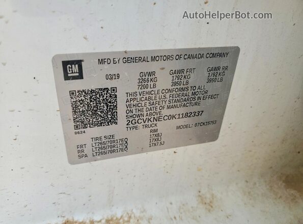 2GCVKNEC0K1182337 2019 CHEVROLET SILVERADO White VIN կոդի պիտակի տեսք