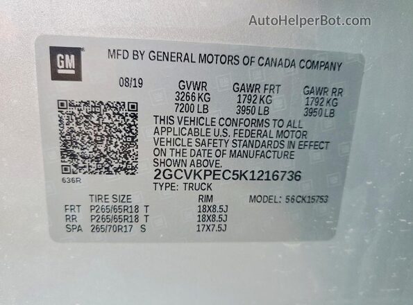 2GCVKPEC5K1216736 2019 CHEVROLET SILVERADO Silver Vista de la etiqueta del VIN
