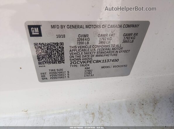 2GCVKPEC8K1137450 2019 CHEVROLET SILVERADO White ძრავის განყოფილების ხედი