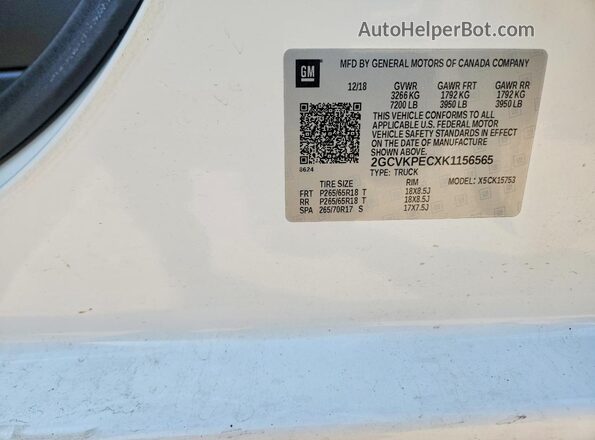 2GCVKPECXK1156565 2019 CHEVROLET SILVERADO White Vista de la etiqueta del VIN