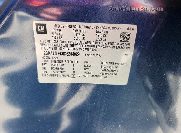 2GKALMEK0G6284829 2016 GMC TERRAIN Blue Widok naklejki z numerem VIN