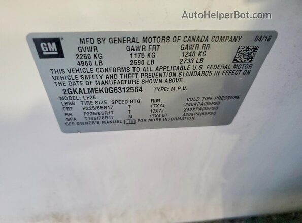 2GKALMEK0G6312564 2016 GMC TERRAIN White VIN კოდის სტიკერის ხედი