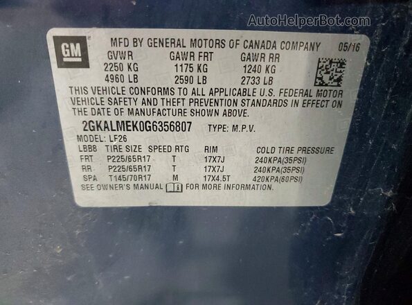 2GKALMEK0G6356807 2016 GMC TERRAIN Blue Vista interior de 360 grados
