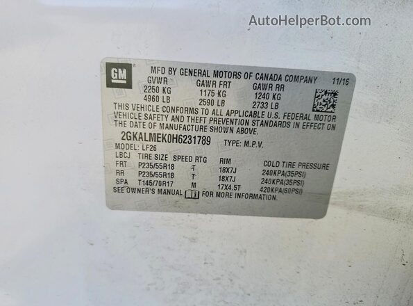 2GKALMEK0H6231789 2017 GMC TERRAIN White Widok komory silnika
